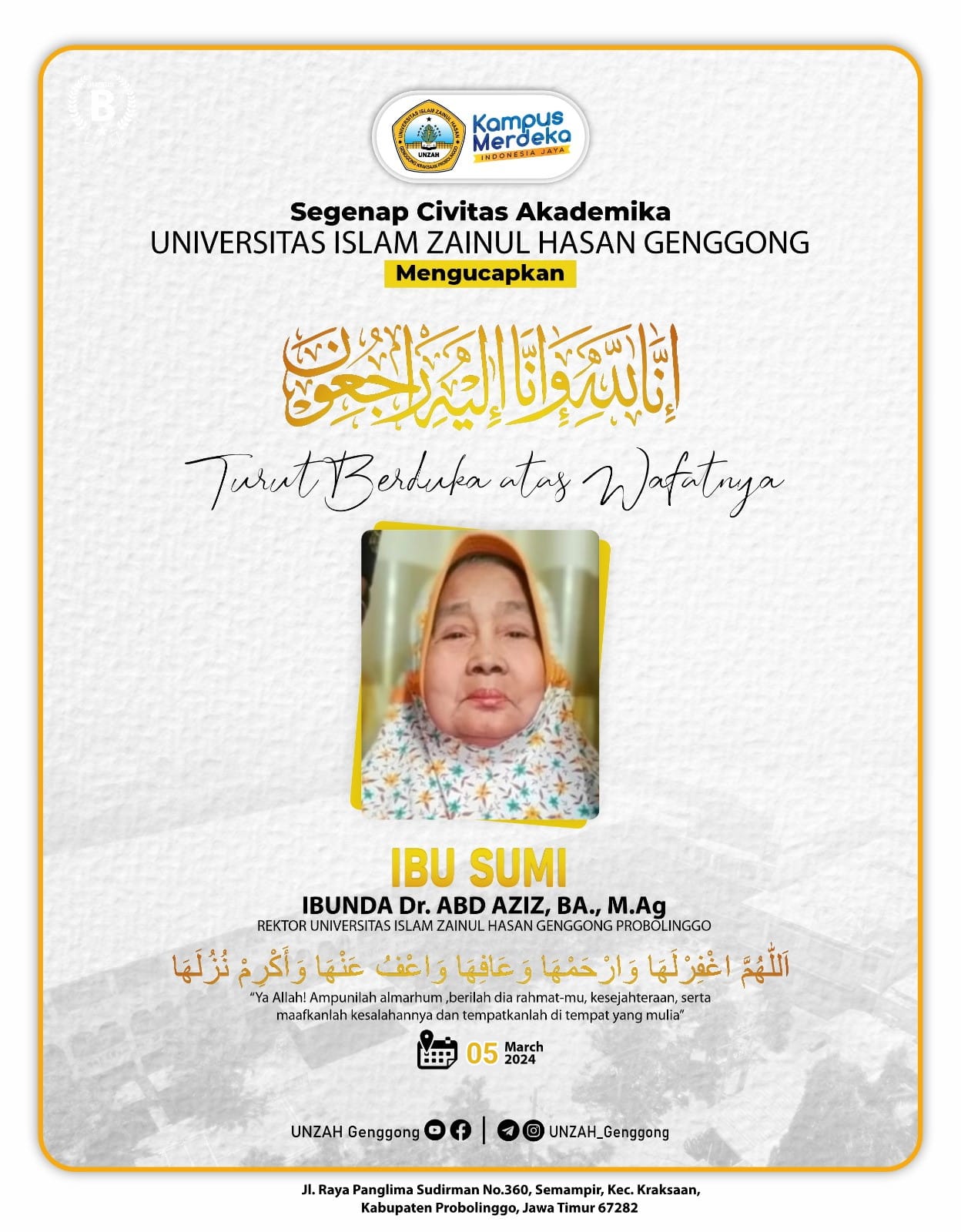 UNZAH Berkabung, Telah Wafat Ibu Sumi (Ibunda dari Rektor Unzah Dr. Abdul Aziz Wahab, BA.,M.Ag)